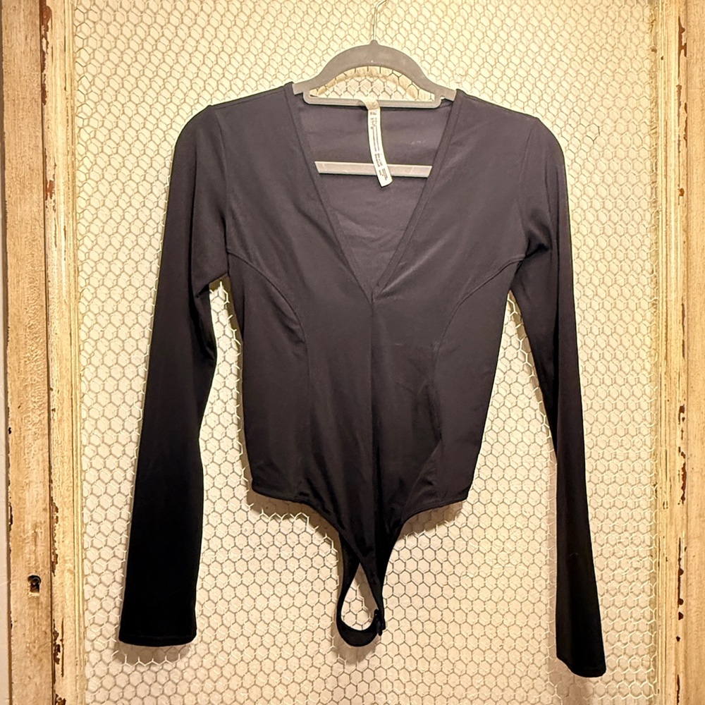 Free People Deep V Black Bodysuit